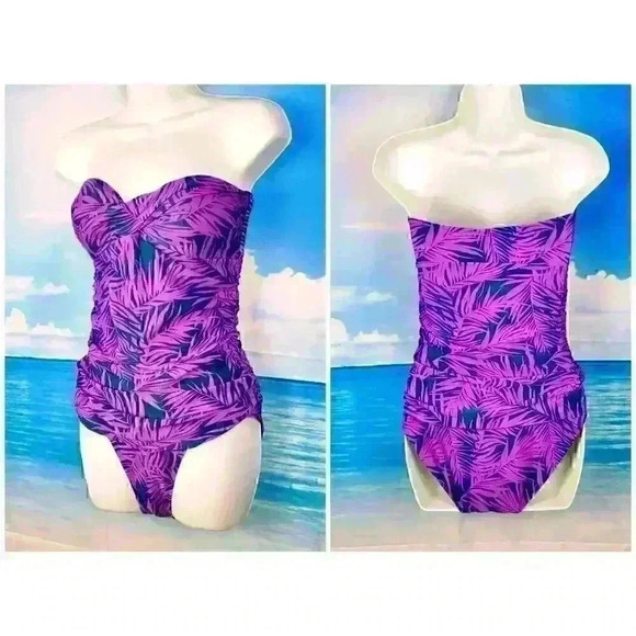 OLD NAVY Strapless PURPLE and NAVY BLUE Fern Print Swim Bathing Suit One Piece M - Picture 1 of 5